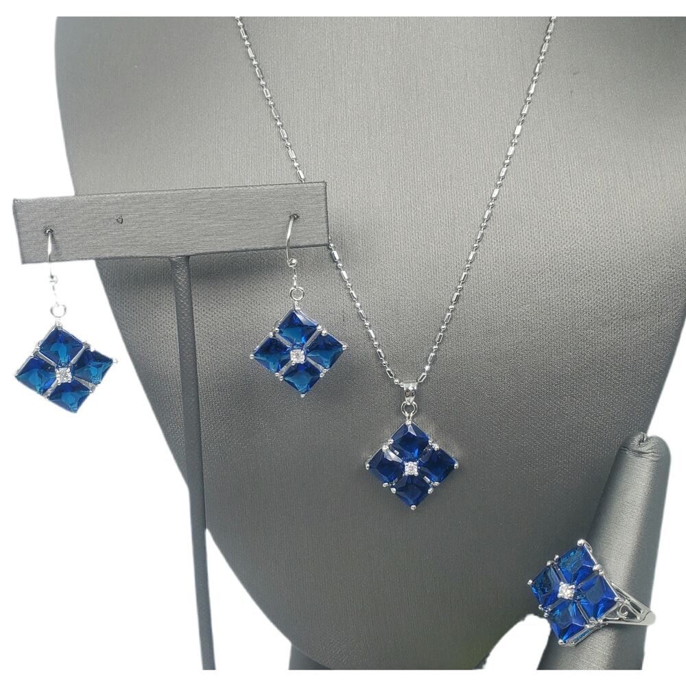 Vintage Simulated Blue Sapphire Necklace, Earrings, and Size 9 Ring Set - NOS